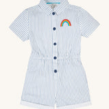 Frugi blue striped jumpsuit grow your own way design on a cream background.