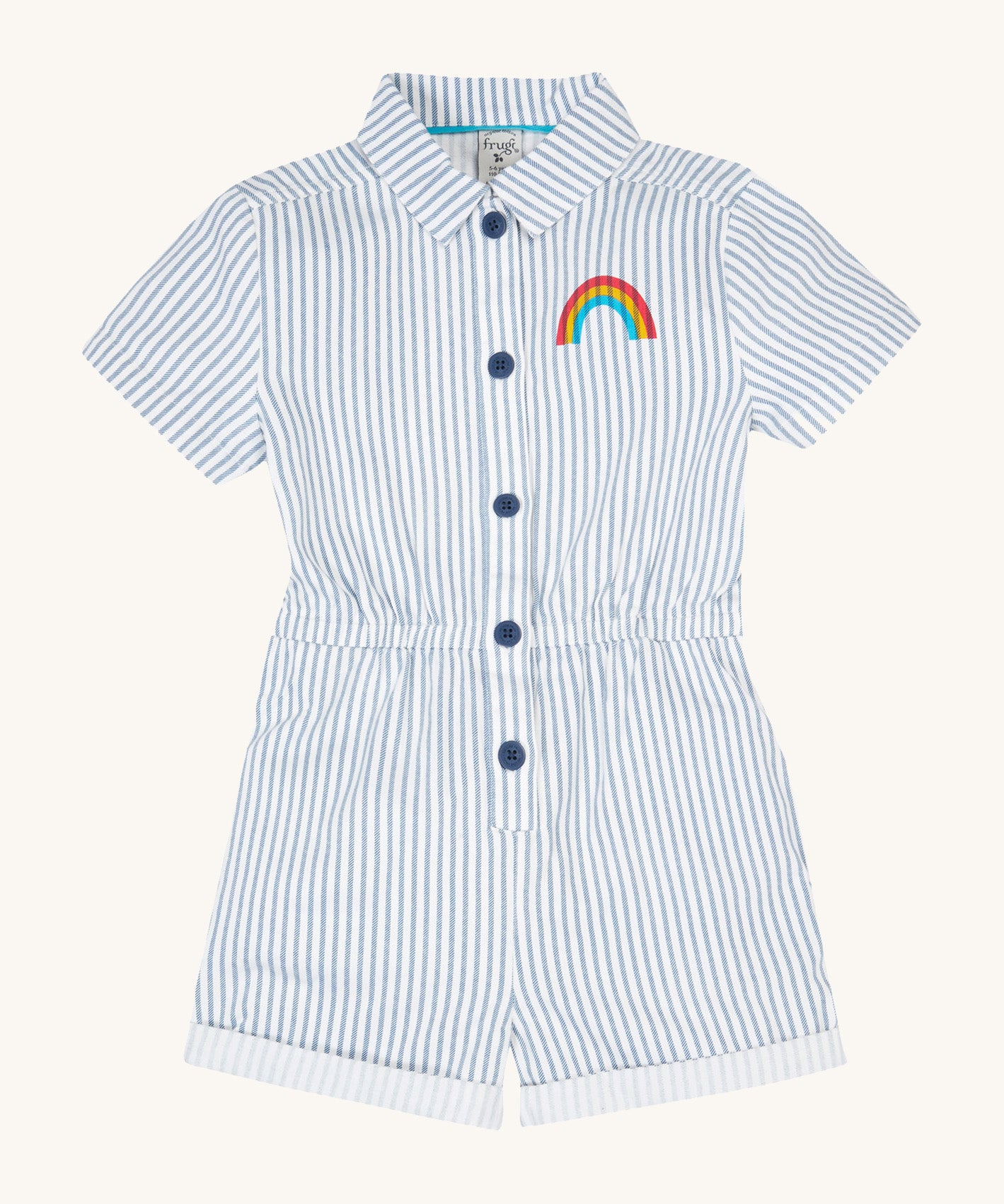 Frugi blue striped jumpsuit grow your own way design on a cream background.