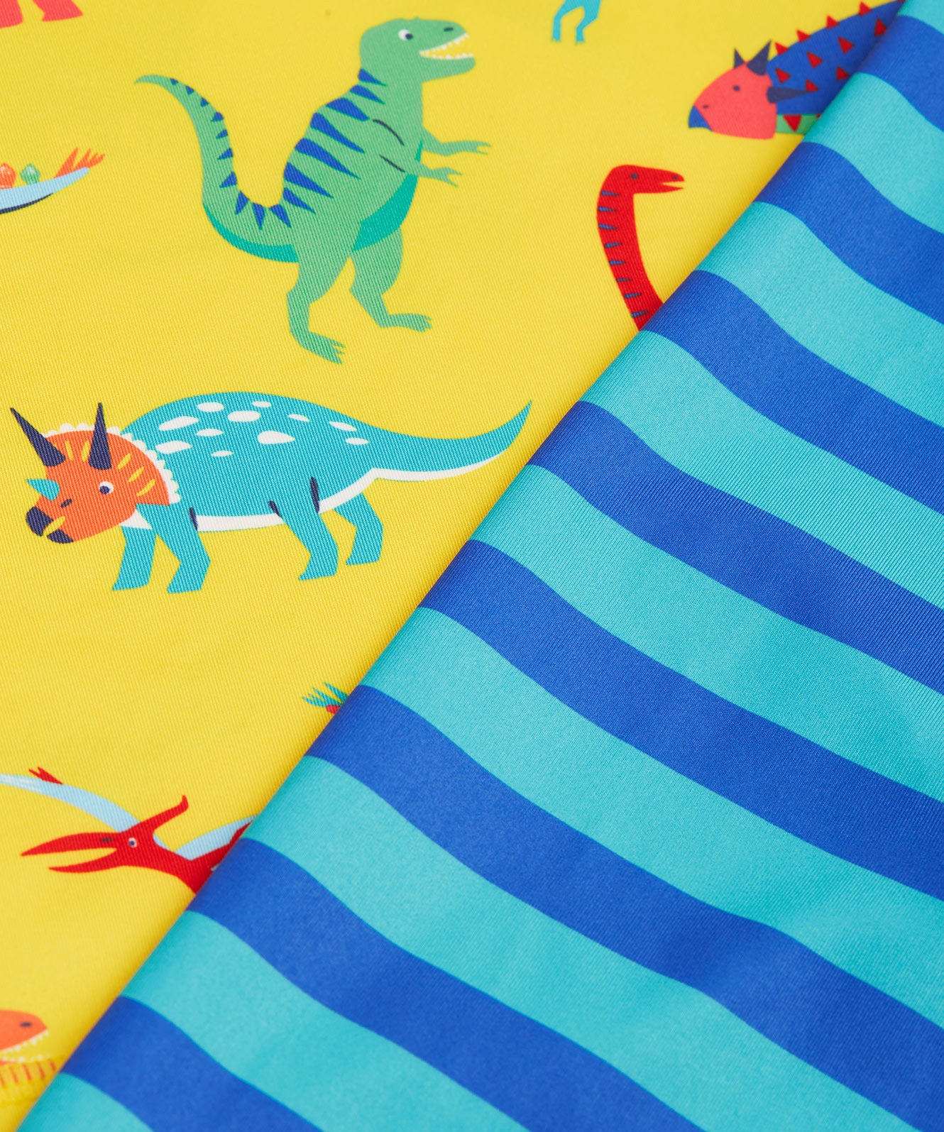 Frugi yellow, blue stripe sun safe dino roar print detail