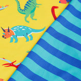 Frugi yellow, blue stripe sun safe dino roar print detail