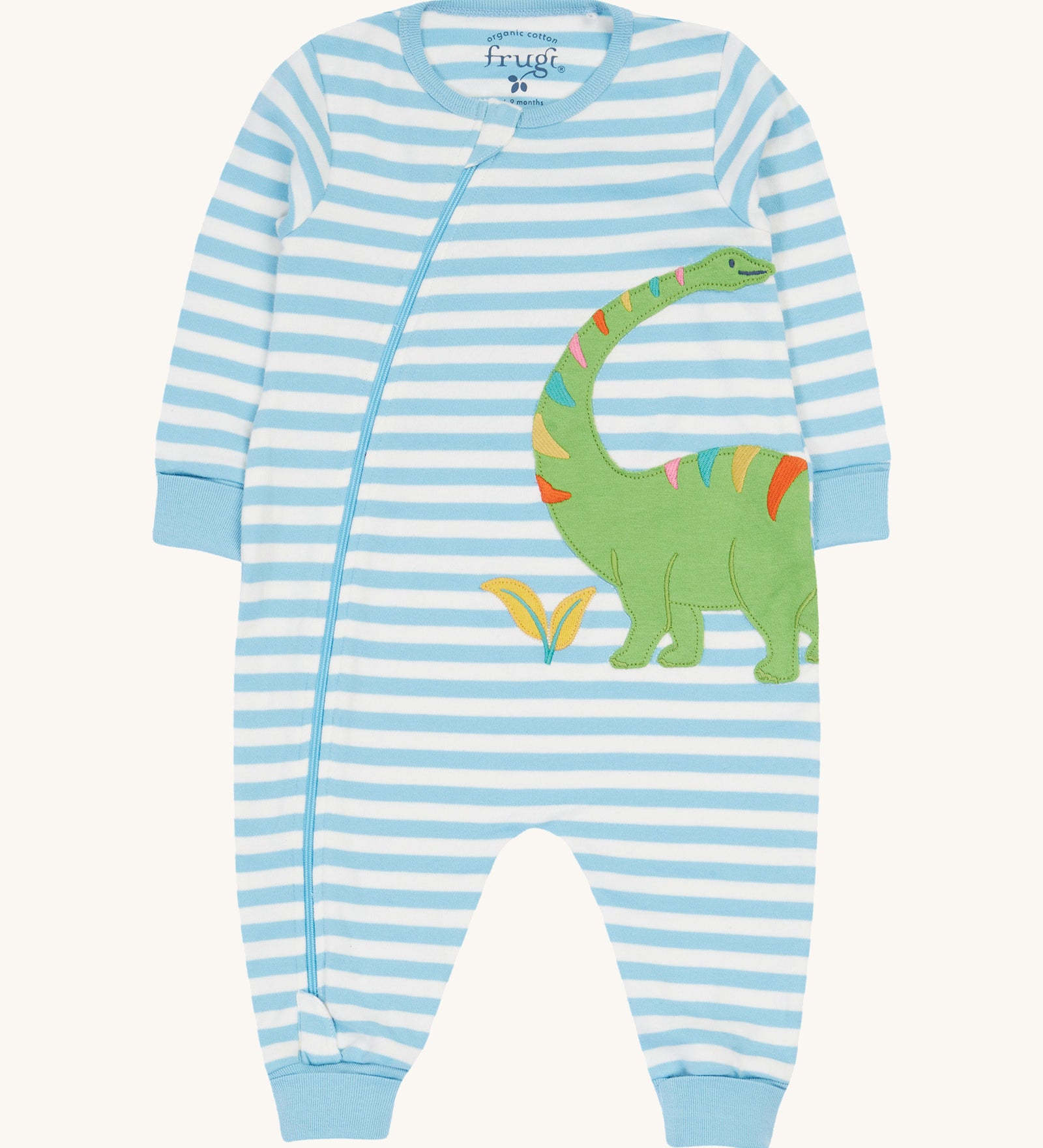 Frugi blue striped zip romper dino design on a cream background.