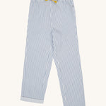 Frugi blue and white striped trousers on a cream background.