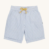 Frugi blue and white striped shorts on a cream background.