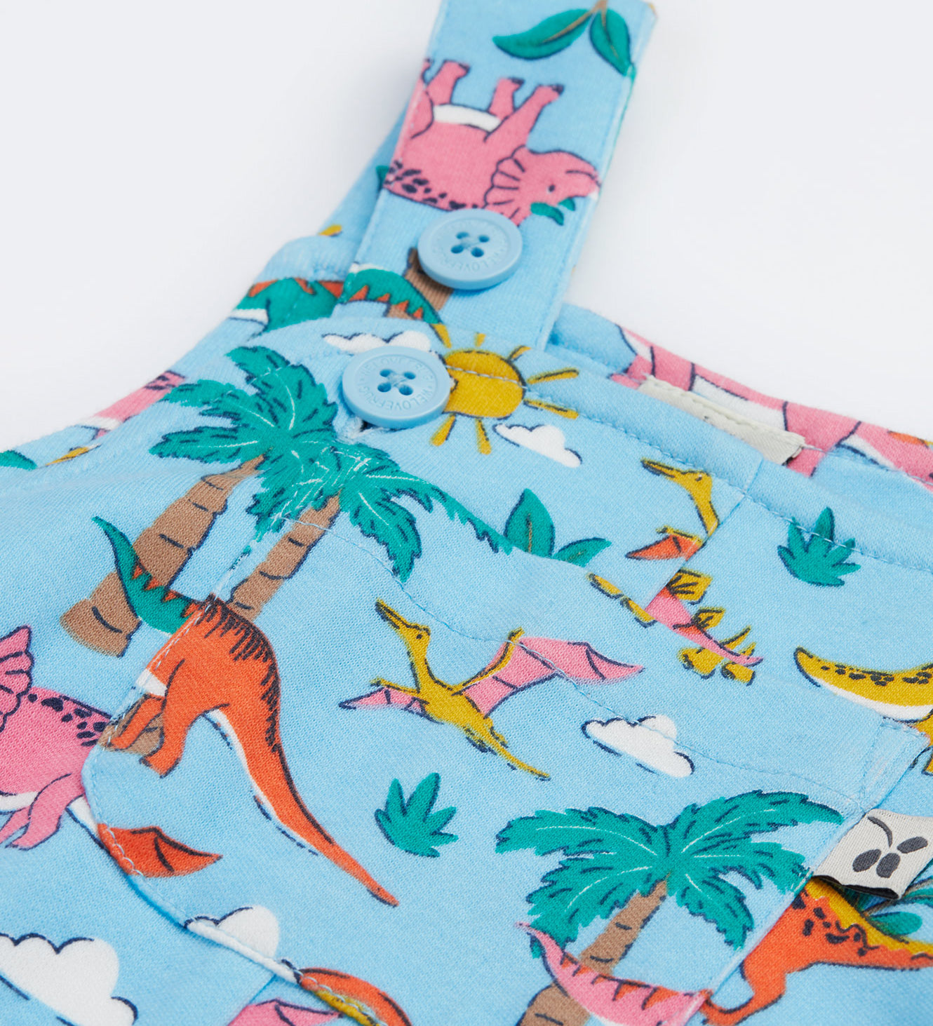 Frugi blue parsnip dungarees dinoland shoulder strap detail