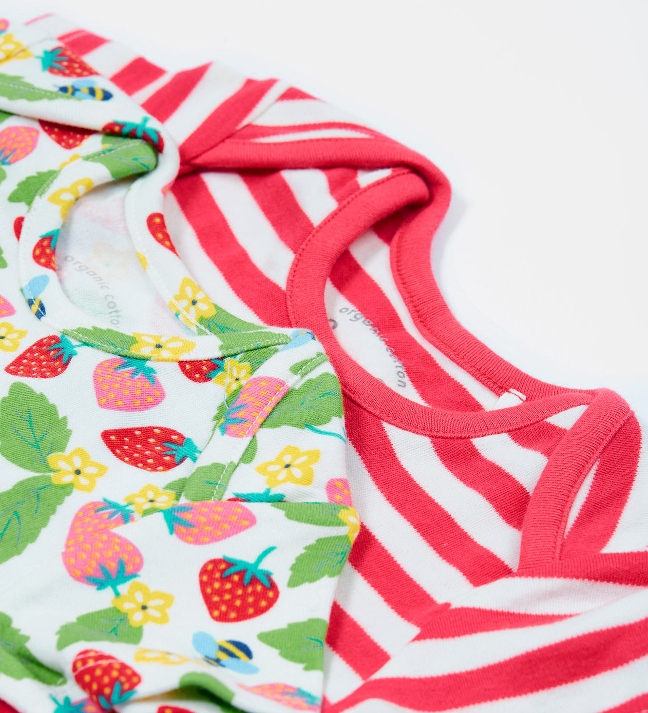 Frugi pink stripe body 2 pack strawberry field design neck detail