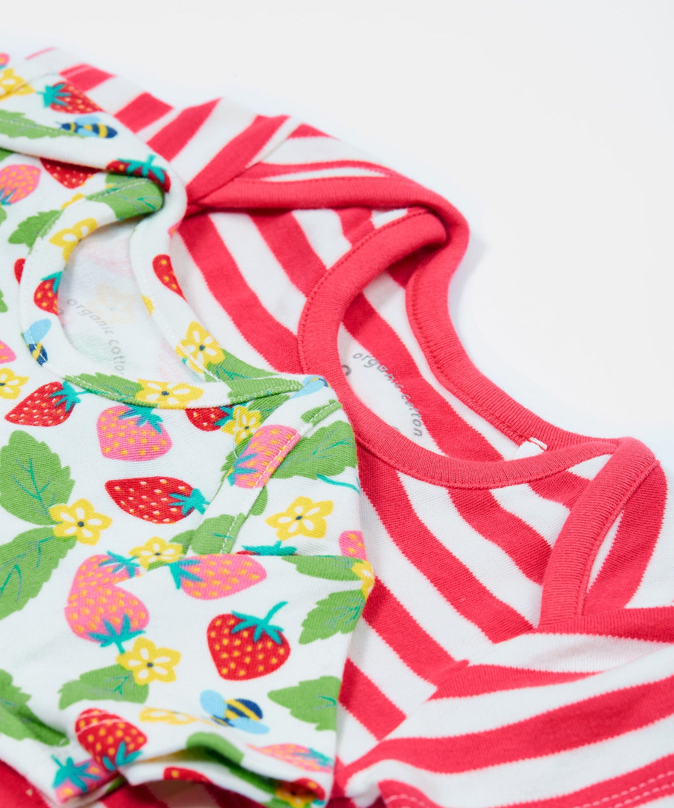 Frugi pink stripe body 2 pack strawberry field design neck detail