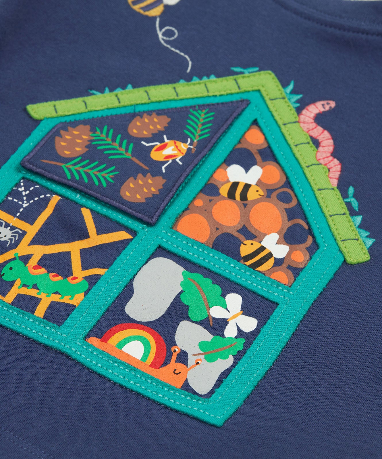 Frugi kids navy interactive short sleeve t-shirt bug hotel design front detail