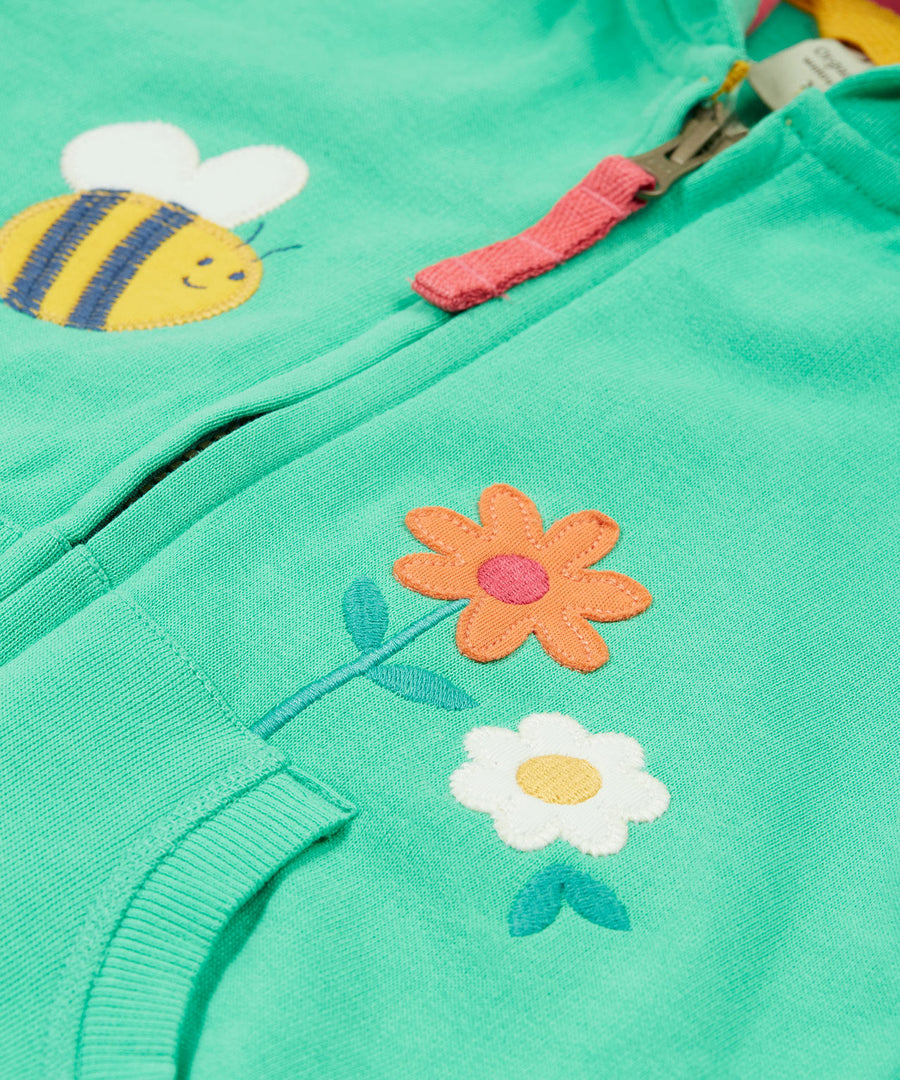 Frugi green hoodie bumblebee zip detail