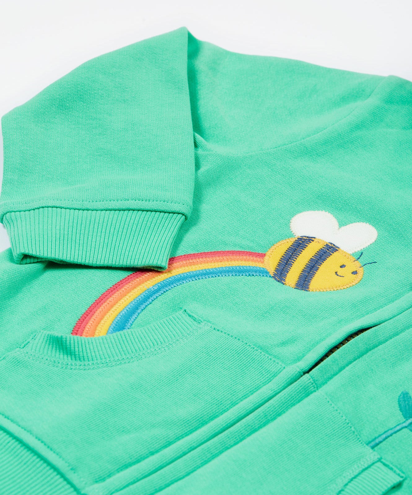 Frugi green hoodie bumblebee print detail