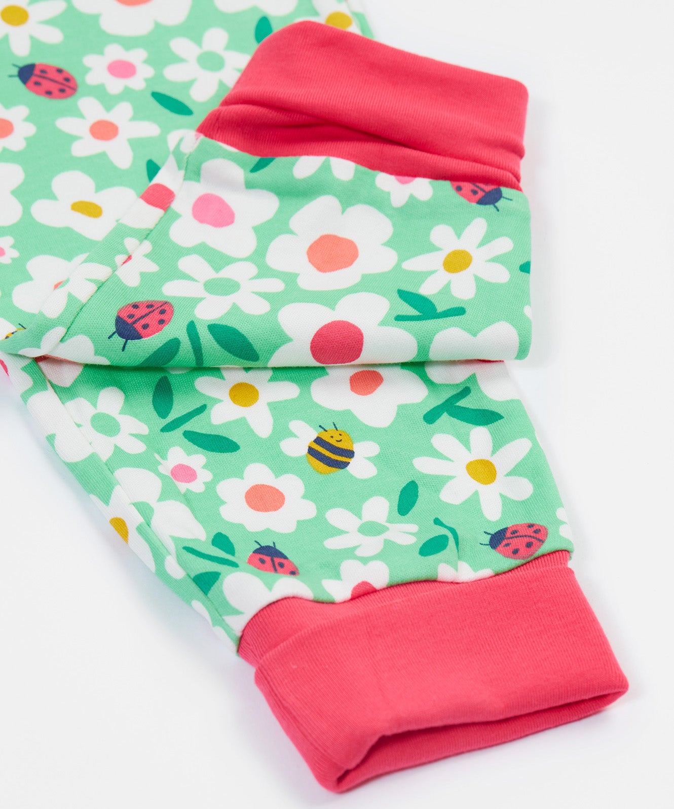 Frugi green pyjamas set busy bugs leg cuff detail