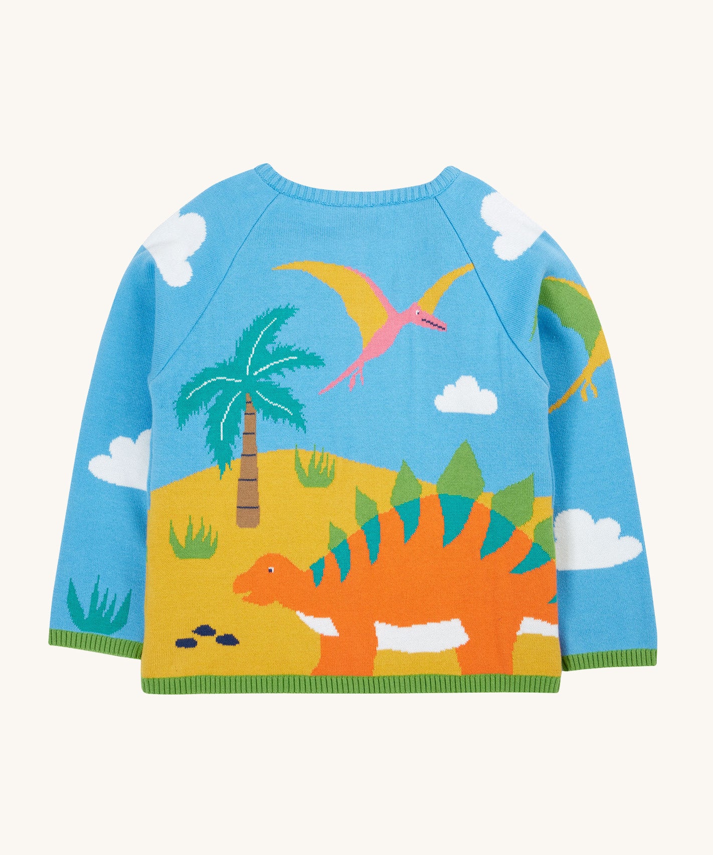 Frugi blue knitted cardigan dino back detail