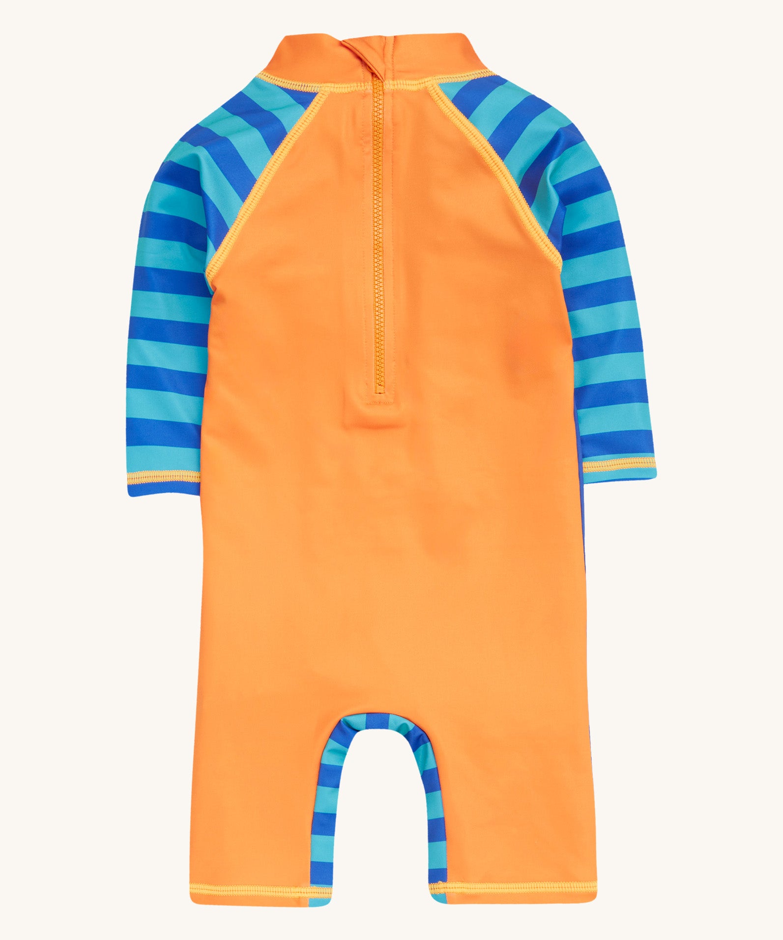 Frugi blue and orange little sun safe suit  crab back detail