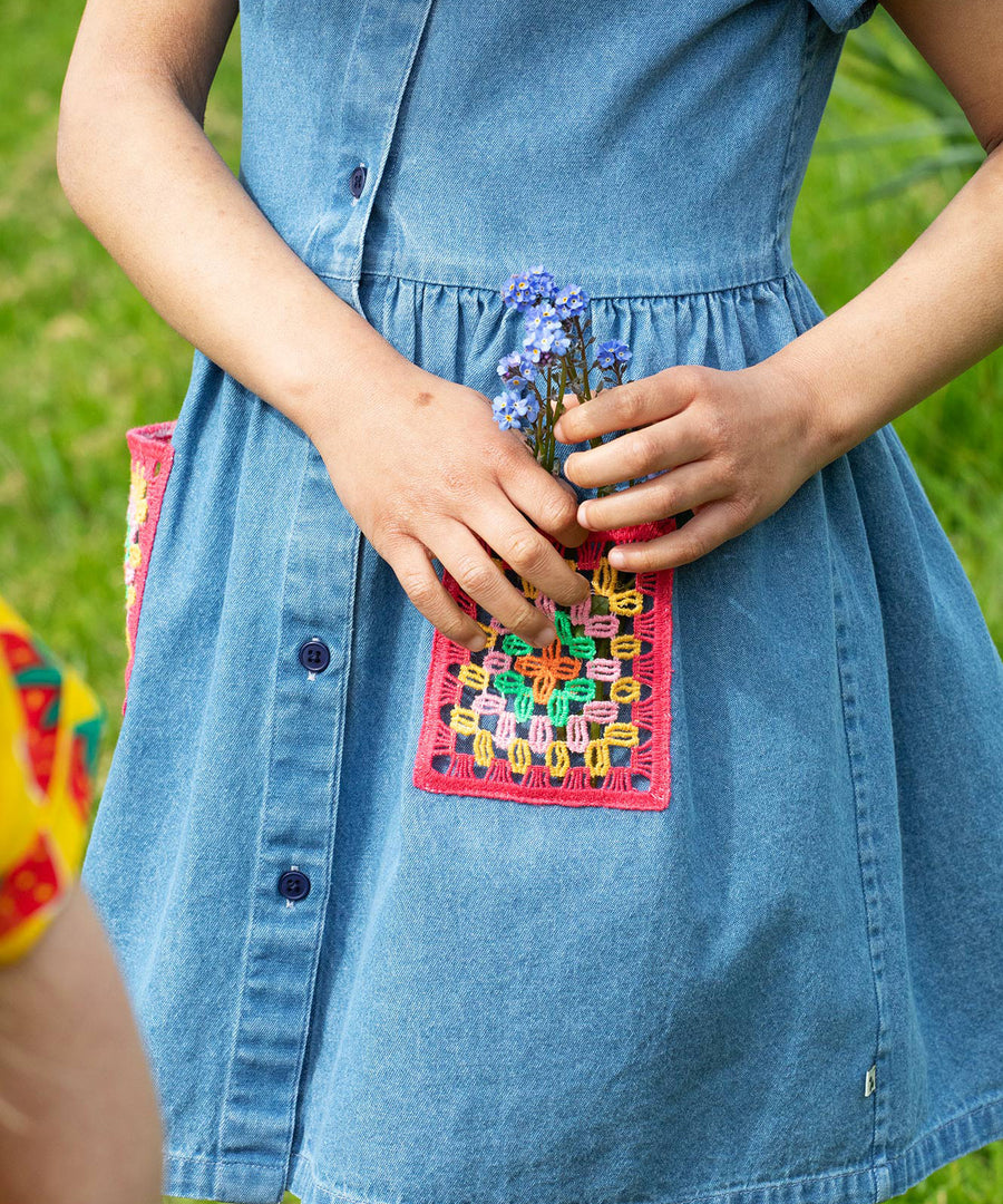 Frugi blue denim dress crochet pocket design 