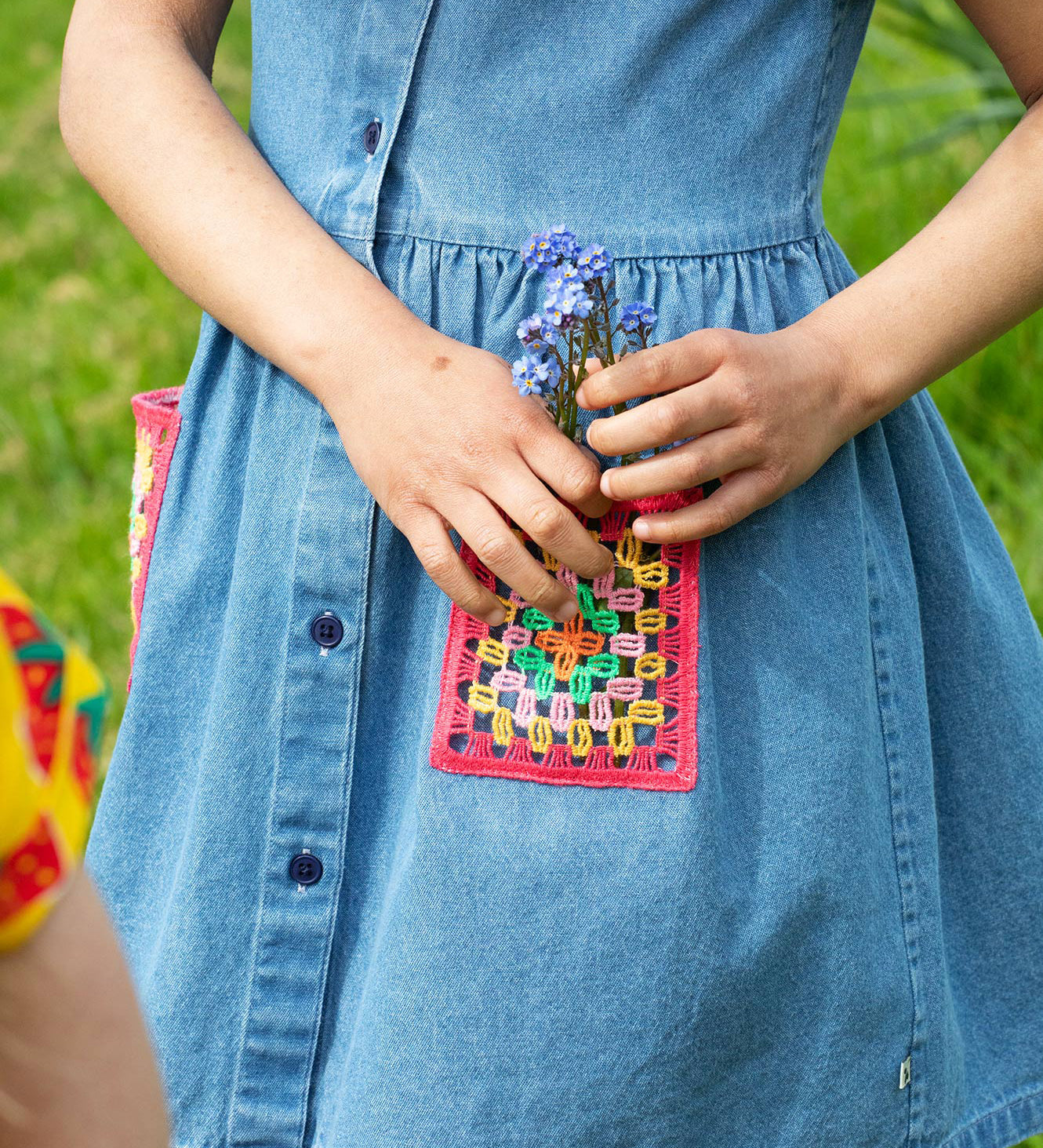 Frugi blue denim dress crochet pocket design 