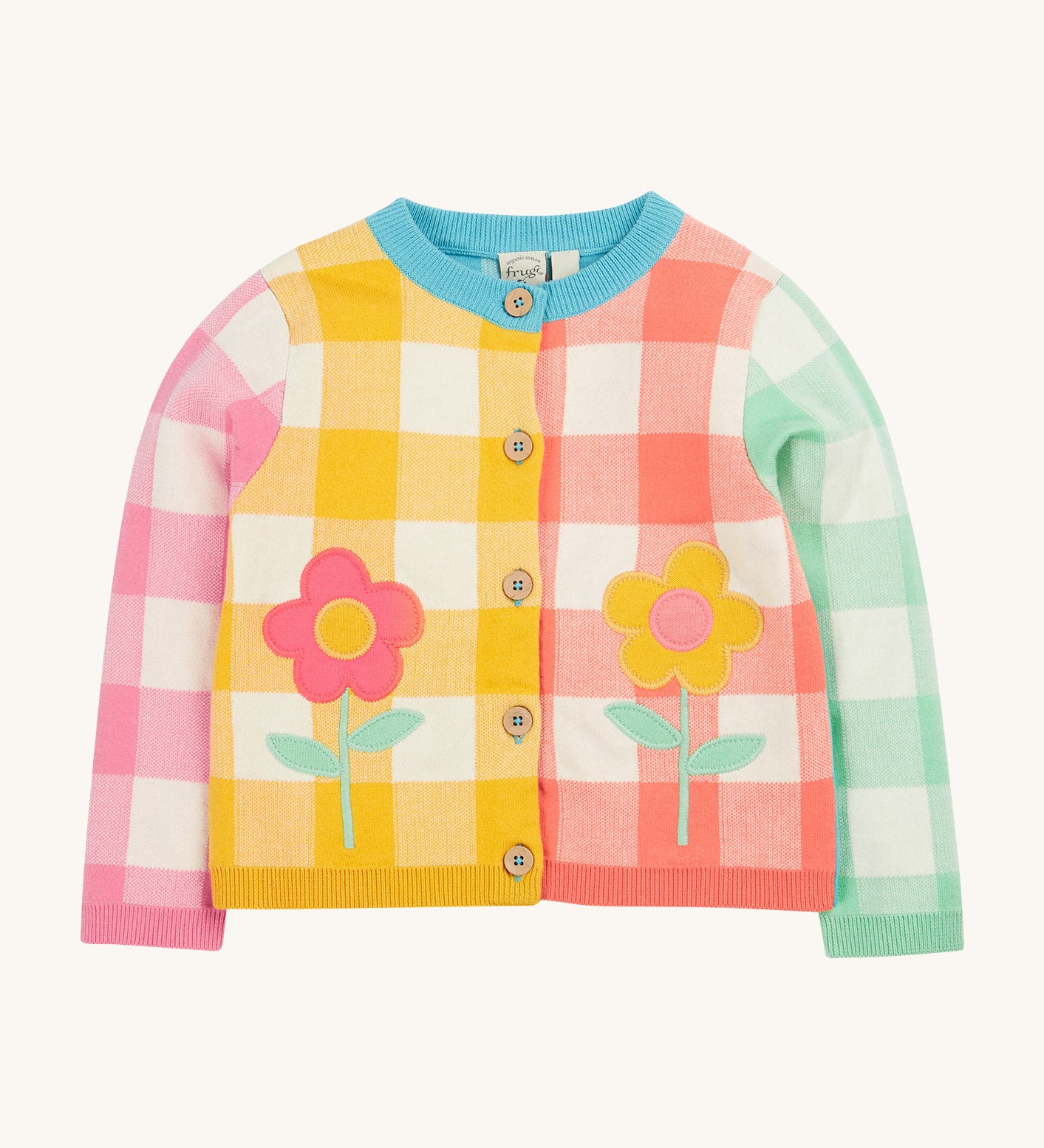 Frugi multicoloured check cardigan daisy design on a cream background.