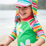 Frugi green and stripe sun safe suit and hat daisy design