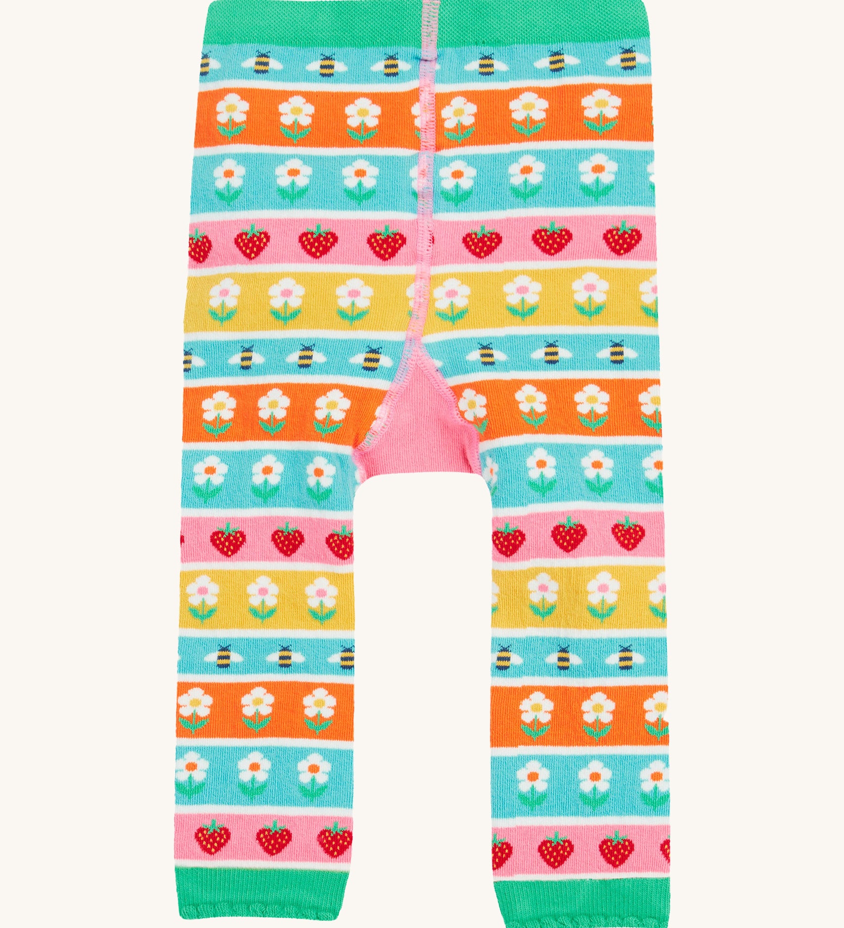 Frugi knitted leggings daisy and ladybird design back detail on a cream background