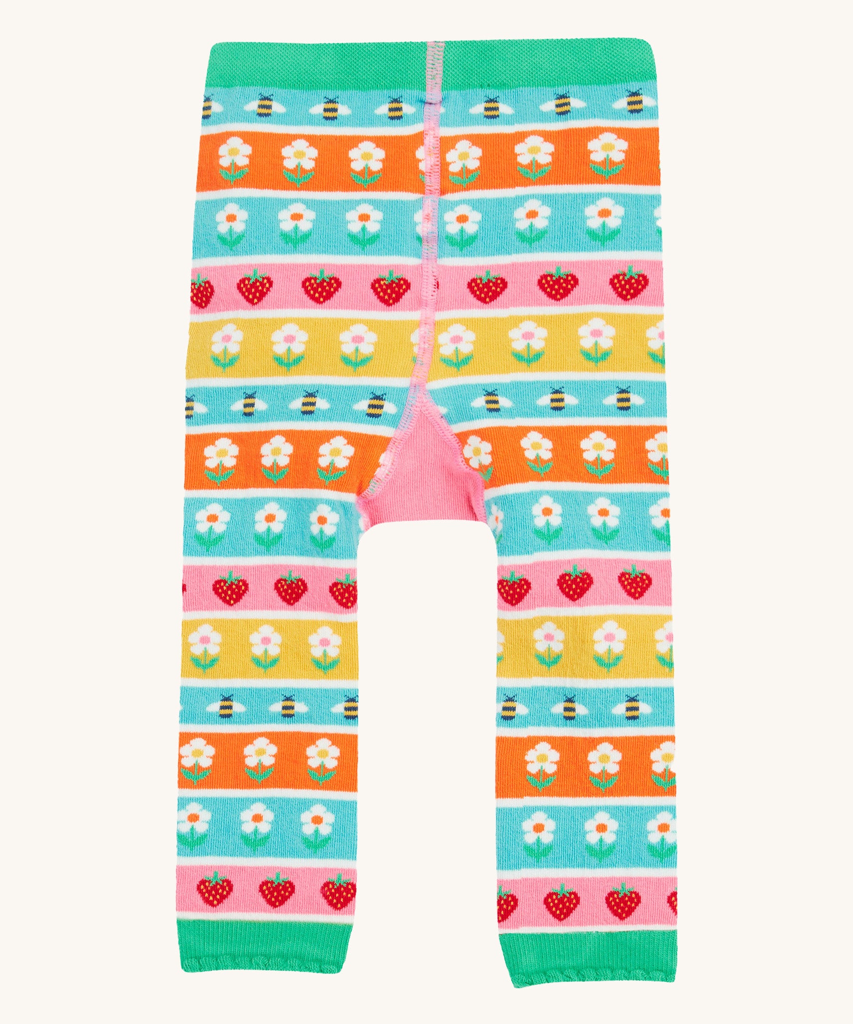 Frugi knitted leggings daisy and ladybird design back detail on a cream background