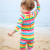 Frugi green and stripe sun safe suit daisy design 