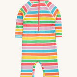 Frugi green and stripe sun safe suit daisy back detail