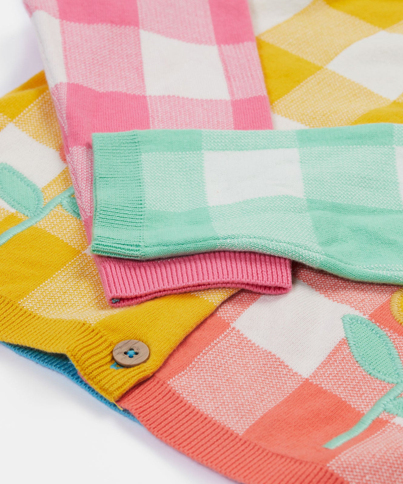 Frugi multicoloured check cardigan daisy design cuff detail