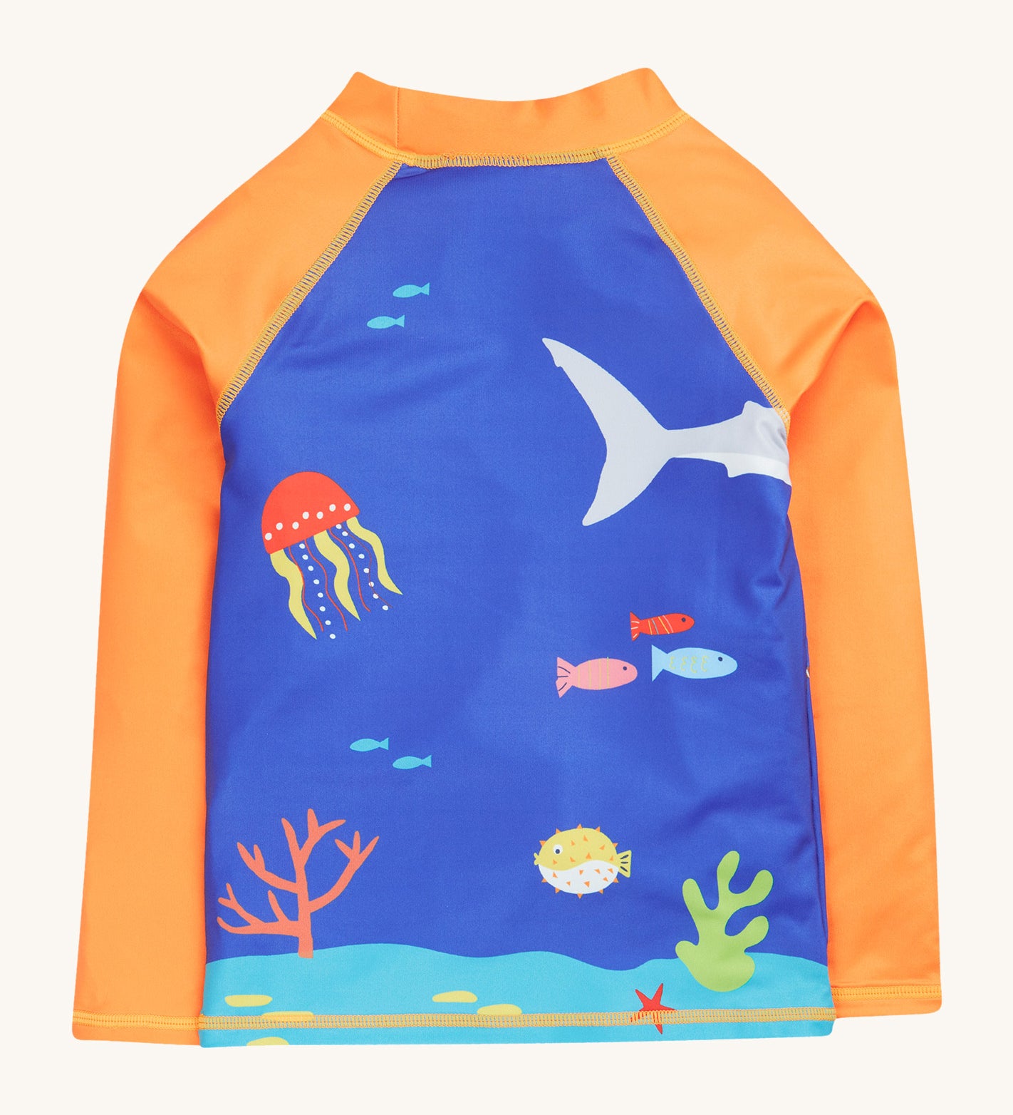 Frugi orange and blue rash vest deep sea diver back detail