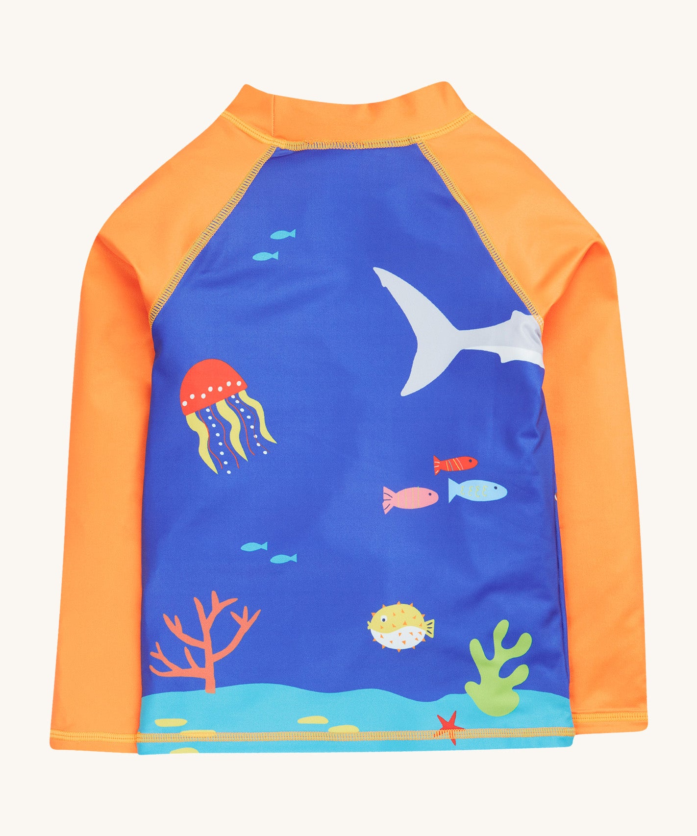 Frugi orange and blue rash vest deep sea diver back detail