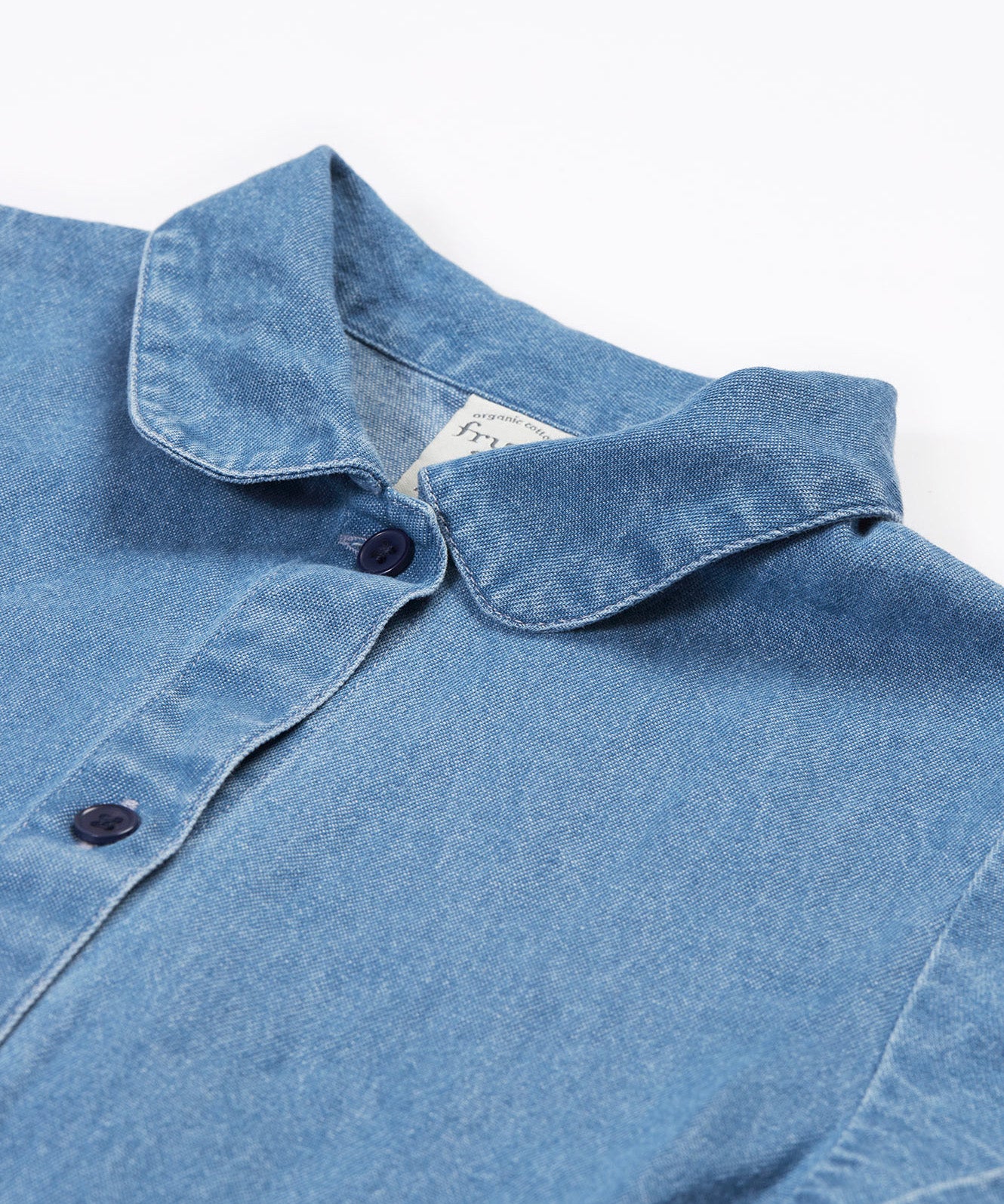 Frugi blue denim dress crochet pocket collar detail