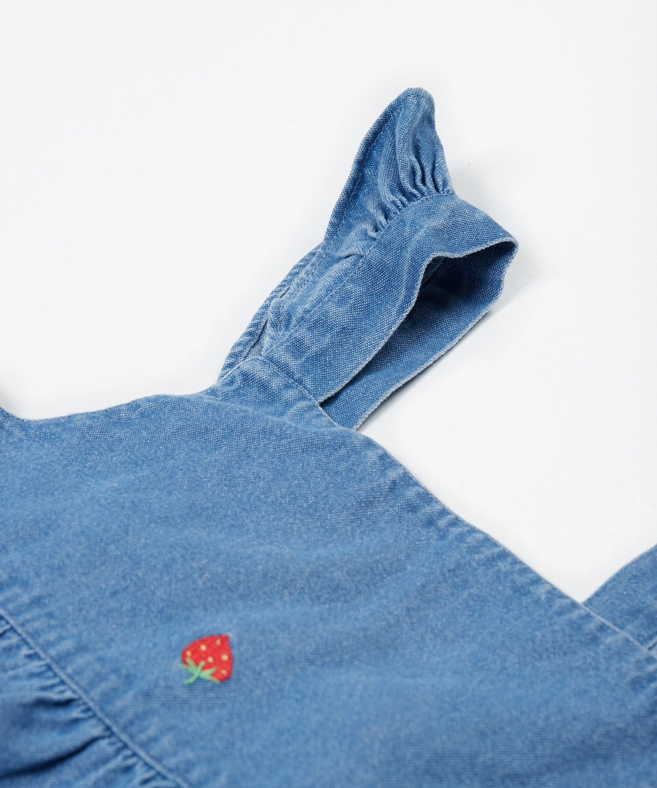 Frugi blue denim dress strawberry design shoulder strap detail