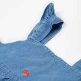 Frugi blue denim dress strawberry design shoulder strap detail