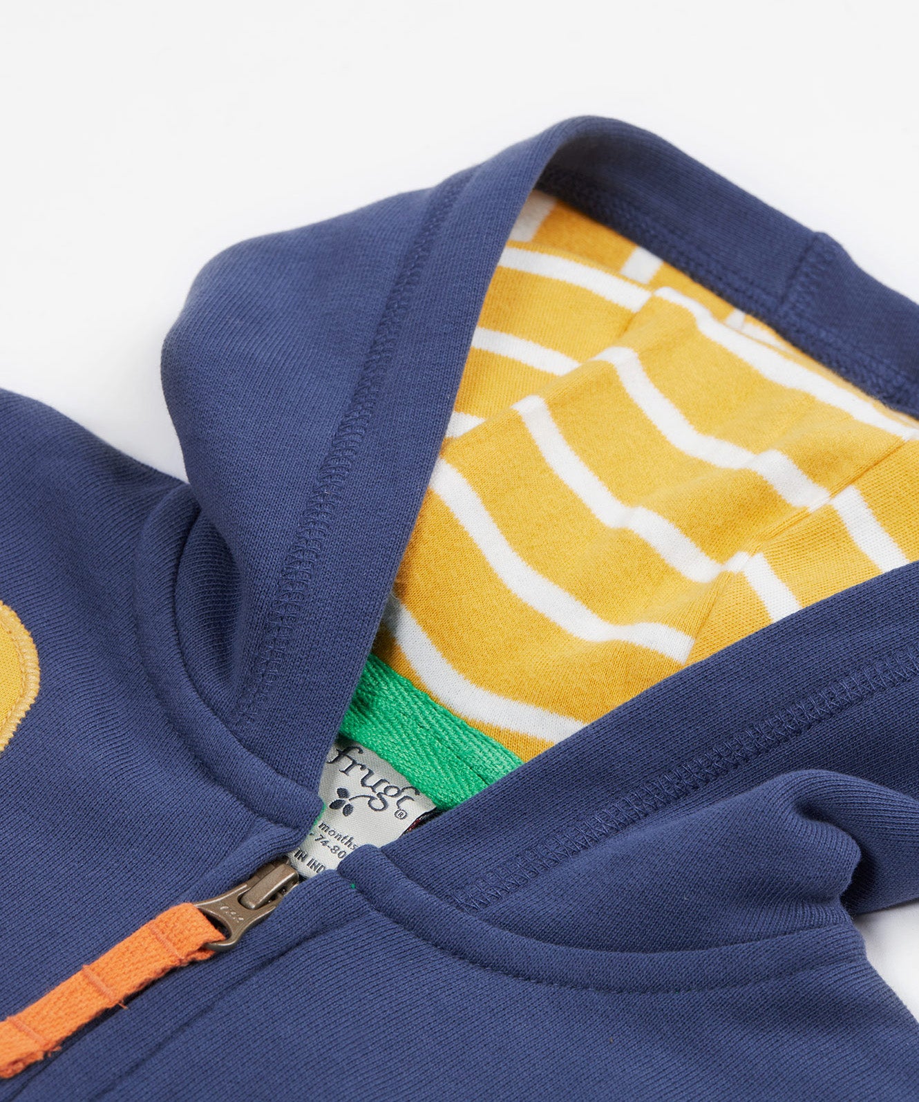 Frugi navy hoodie digger hood detail