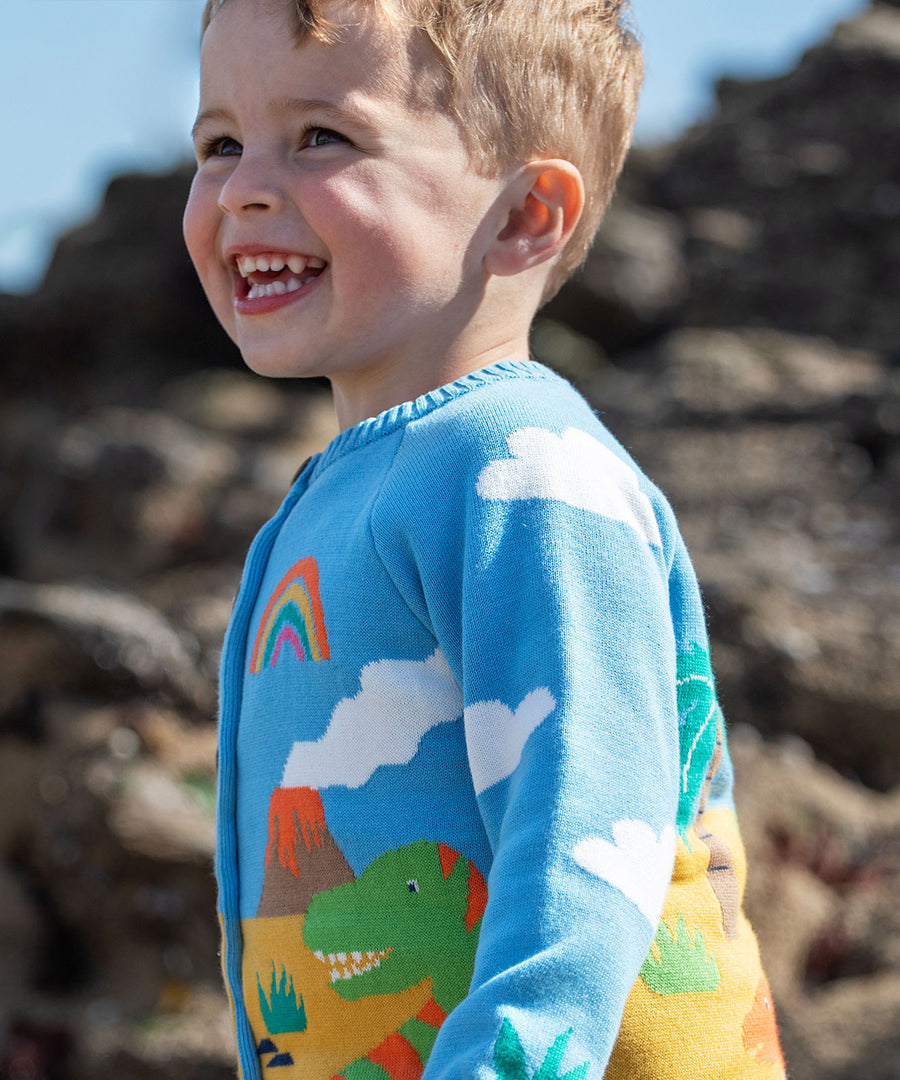 Frugi blue knitted cardigan dino design.