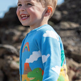 Frugi blue knitted cardigan dino design.