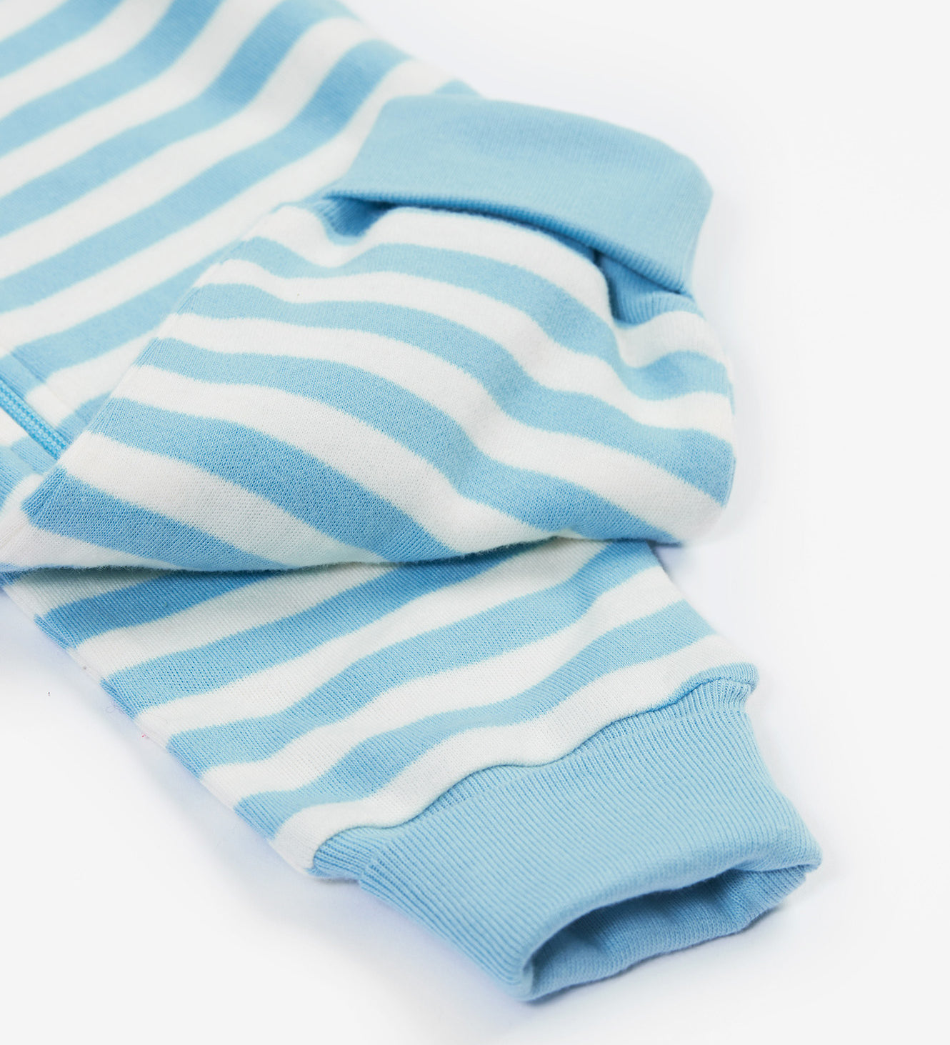 Frugi blue striped zip romper dino design cuff detail