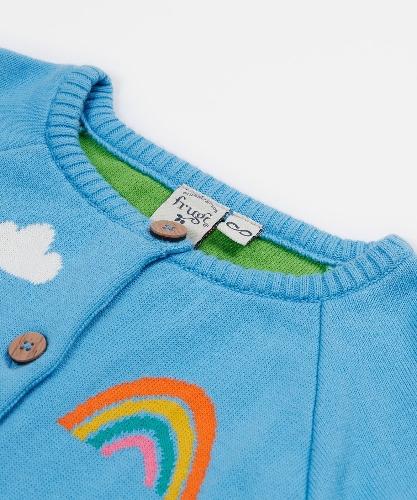 Frugi blue knitted cardigan dino neck detail