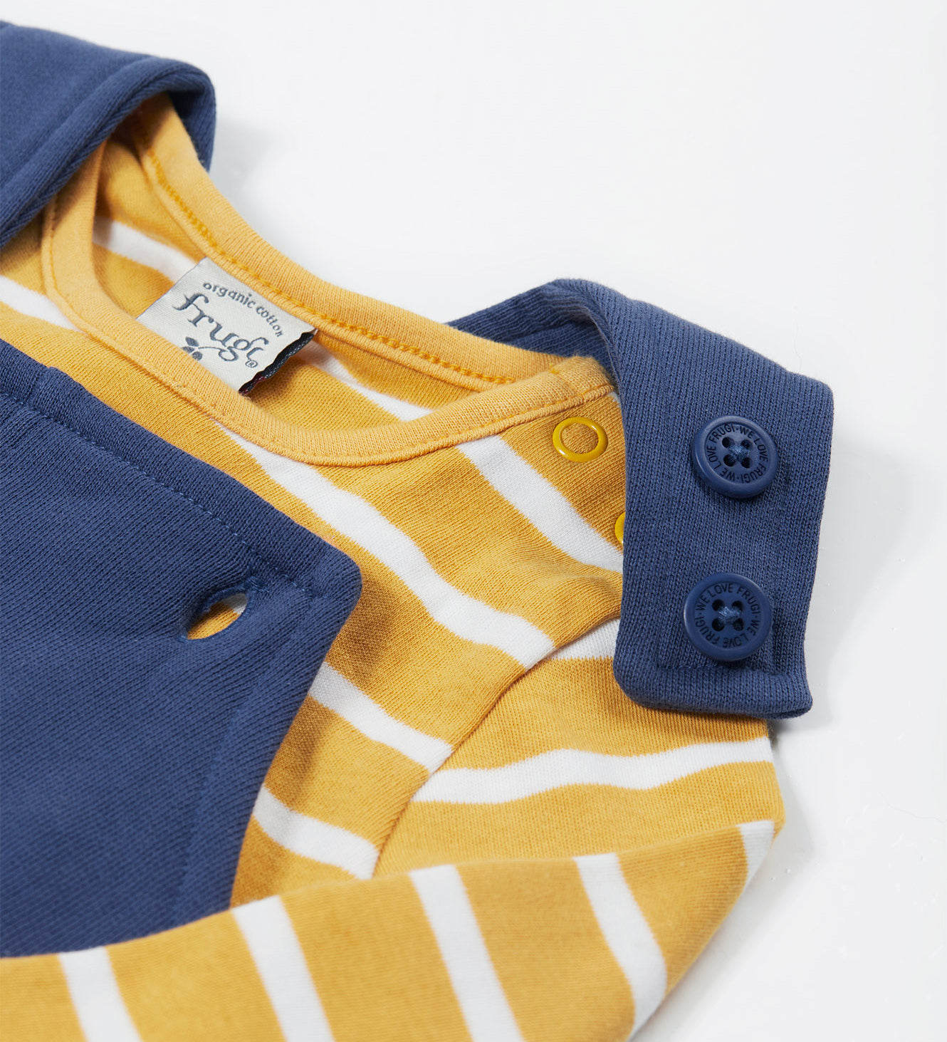 Frugi navy, yellow stripe dungaree outfit dino design shoulder button and popper detail