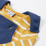 Frugi navy, yellow stripe dungaree outfit dino design shoulder button and popper detail