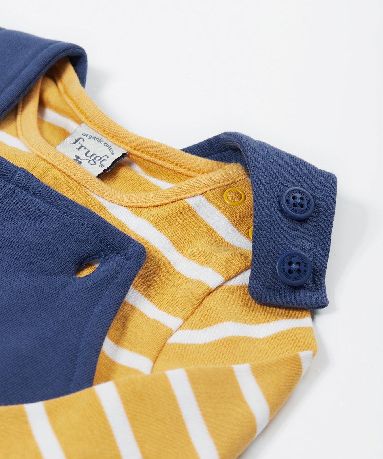 Frugi navy, yellow stripe dungaree outfit dino design shoulder button and popper detail