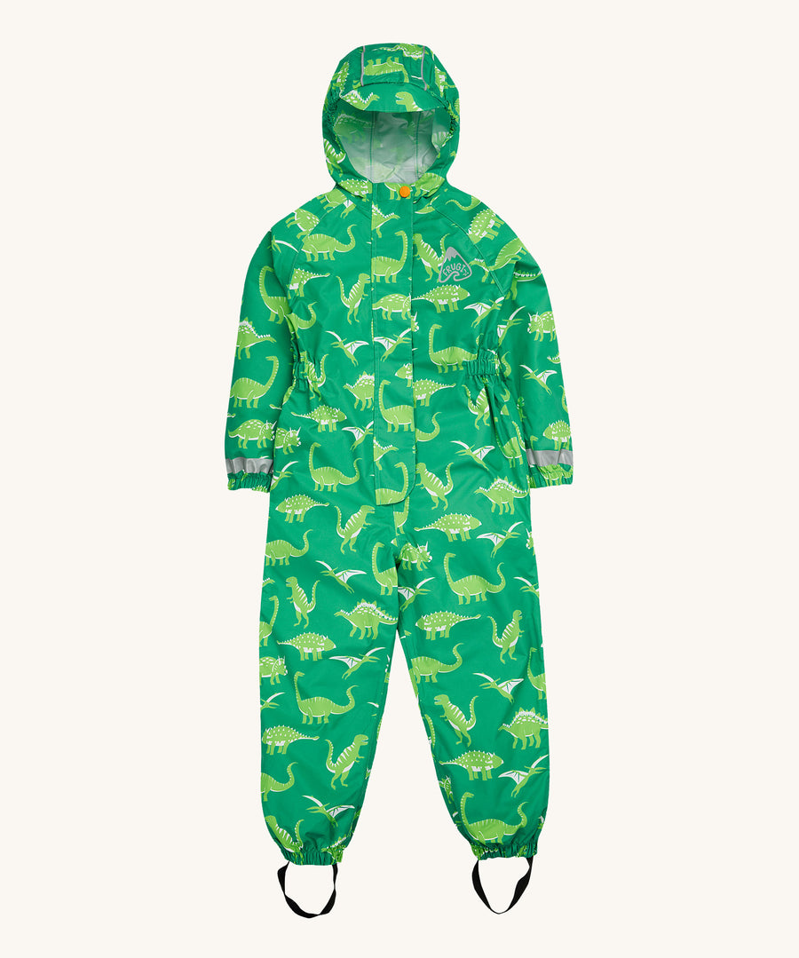 Frugi green all in one suit dino roar design on a cream background.