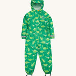 Frugi green all in one suit dino roar design on a cream background.