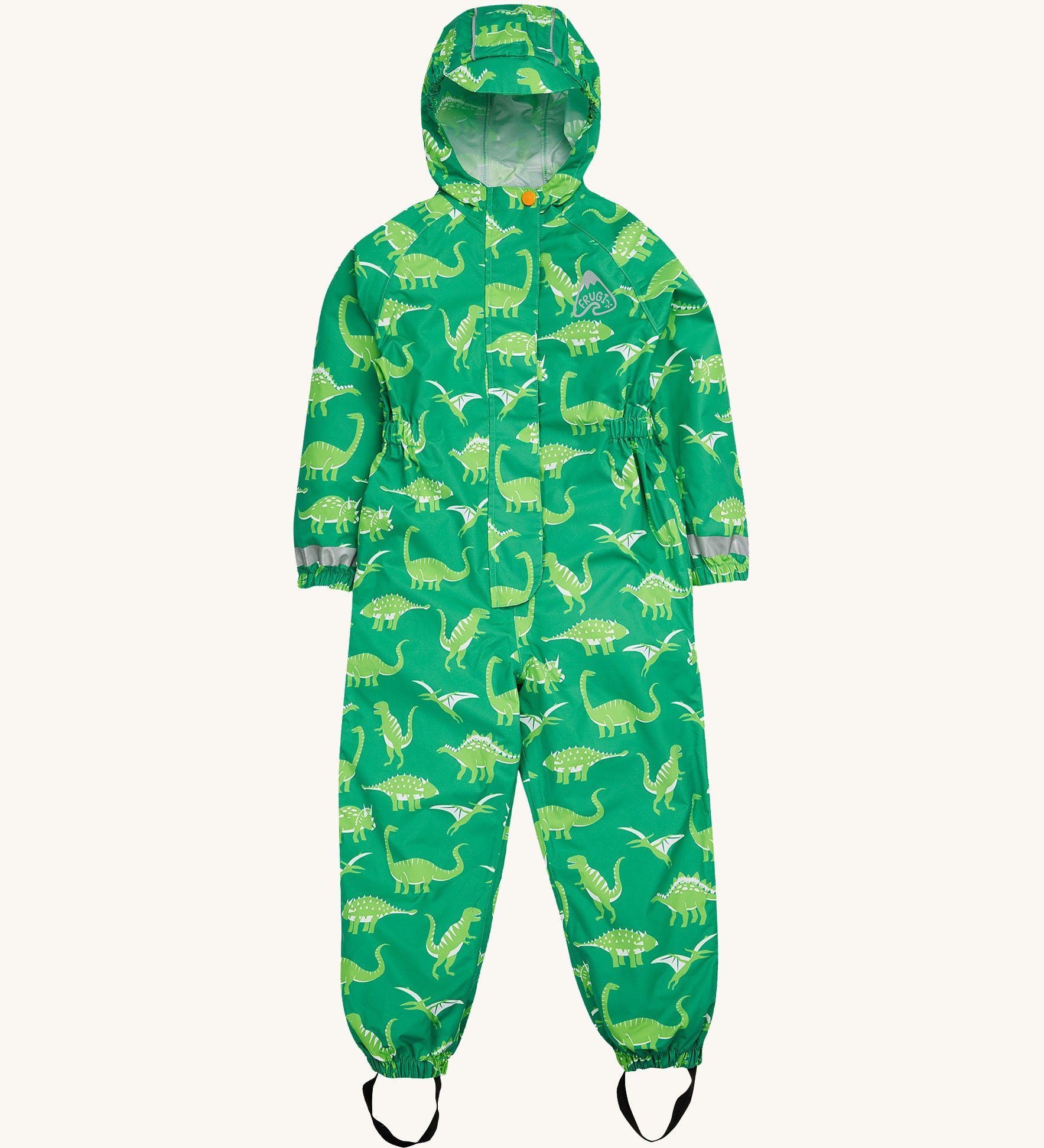 Frugi green all in one suit dino roar design on a cream background.