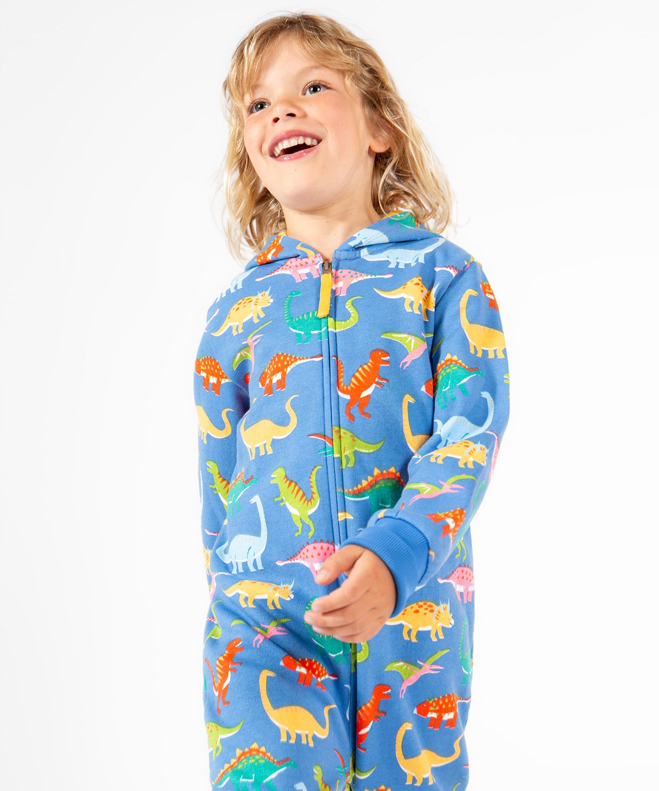 Frugi blue snuggle suit dino roar design 