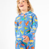 Frugi blue snuggle suit dino roar design 