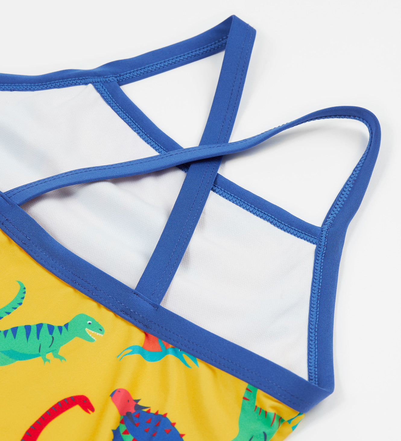 Frugi yellow swim suit dino roar design shoulder strap detail