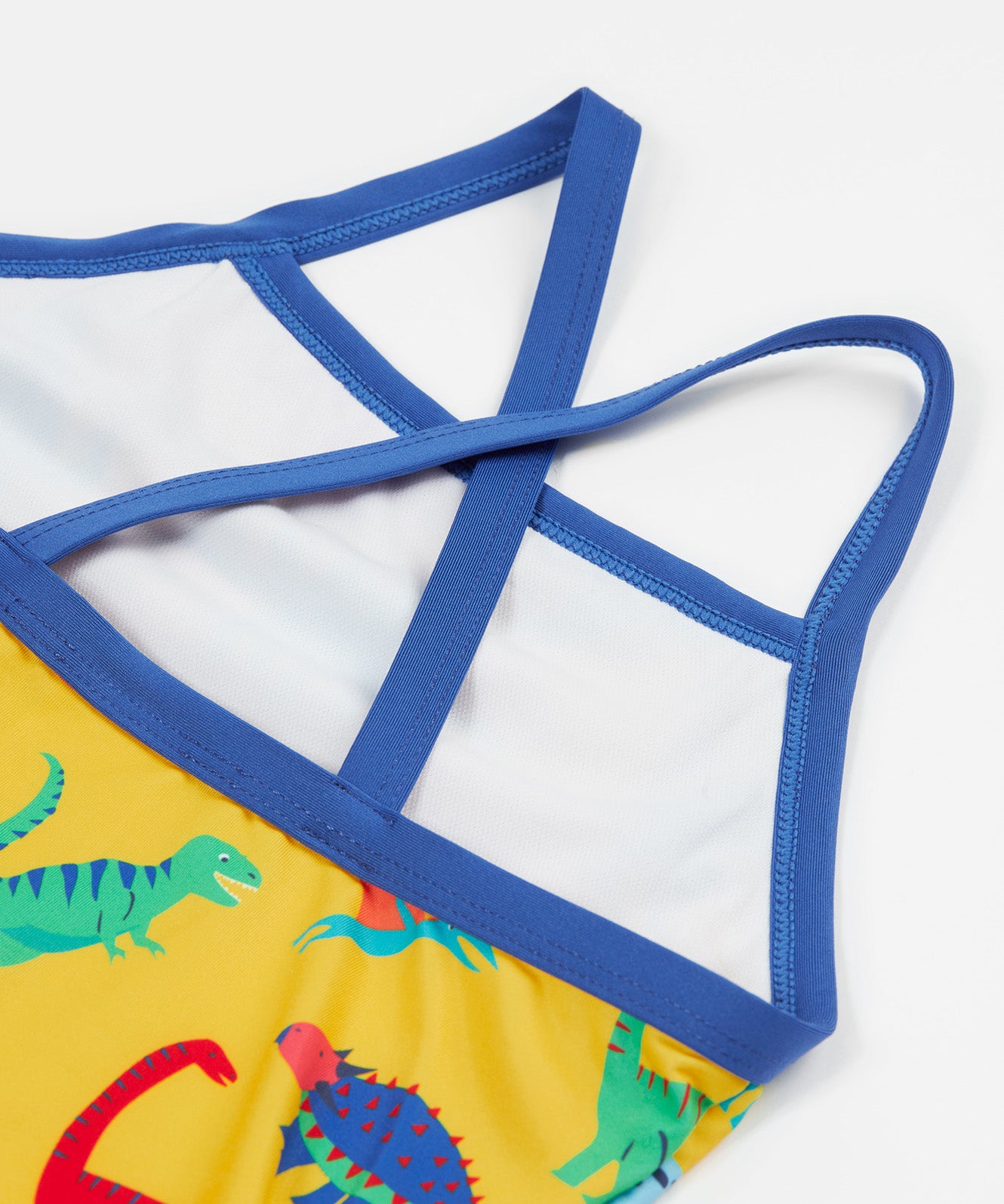 Frugi yellow swim suit dino roar design shoulder strap detail