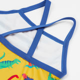 Frugi yellow swim suit dino roar design shoulder strap detail