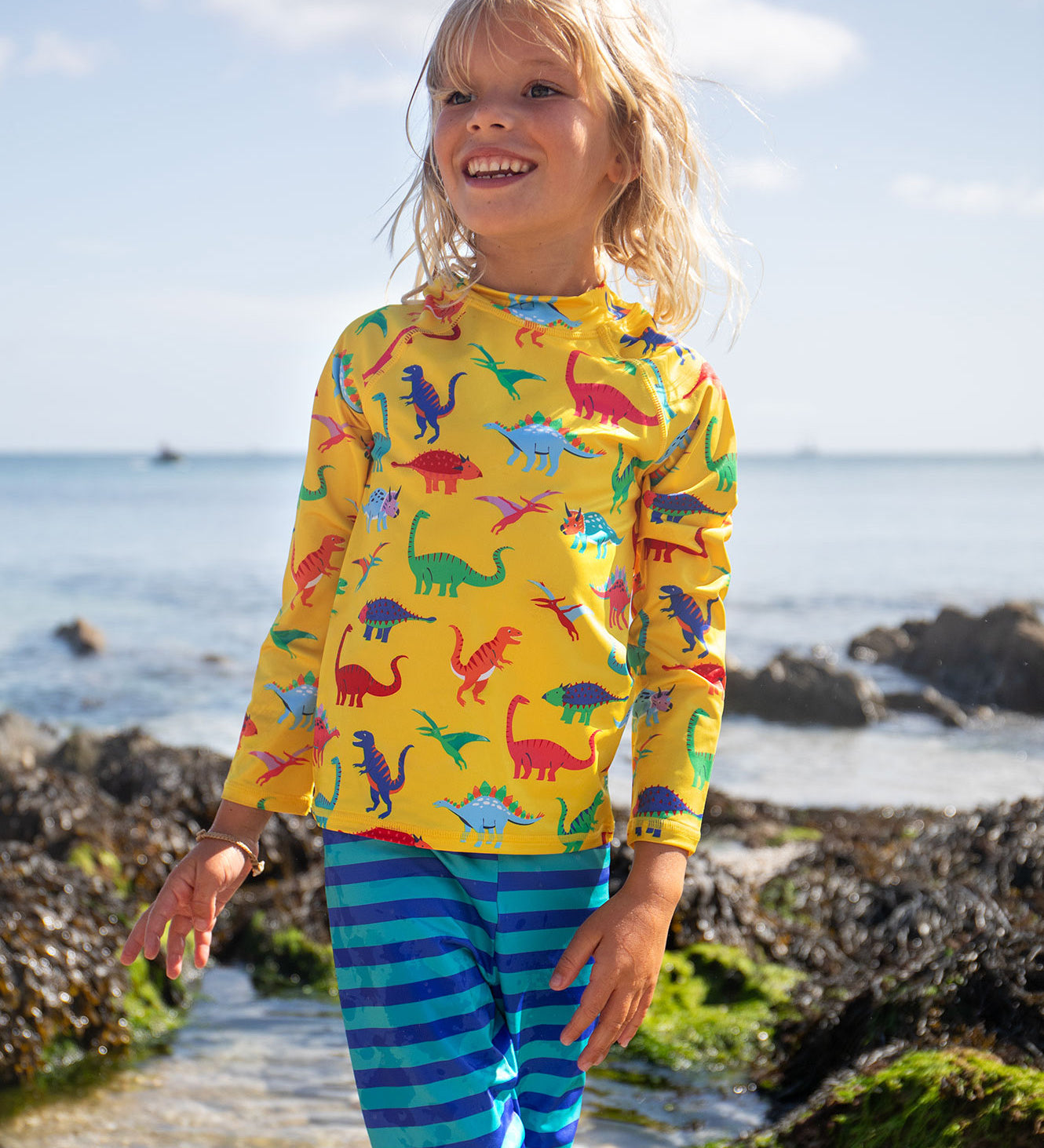 Frugi yellow, blue stripe sun safe dino roar design 