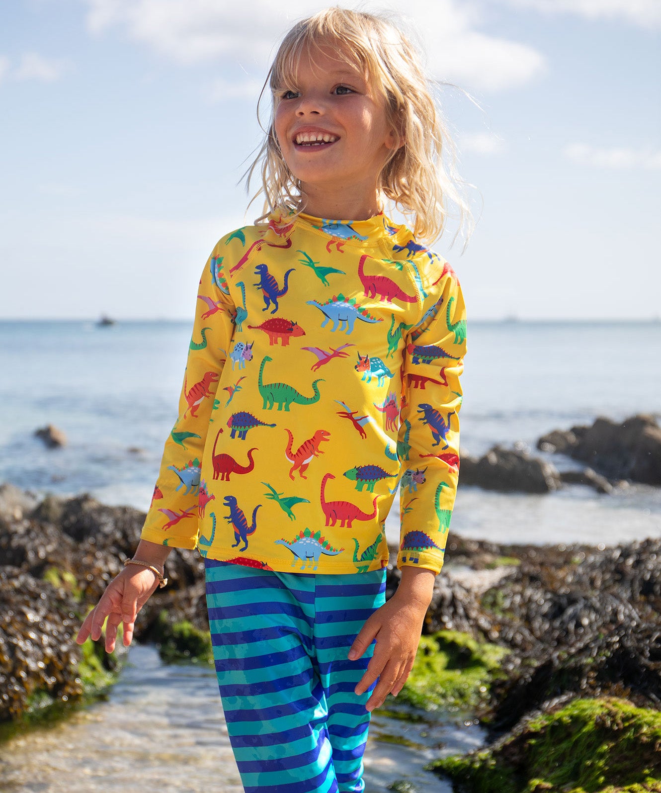 Frugi yellow, blue stripe sun safe dino roar design 