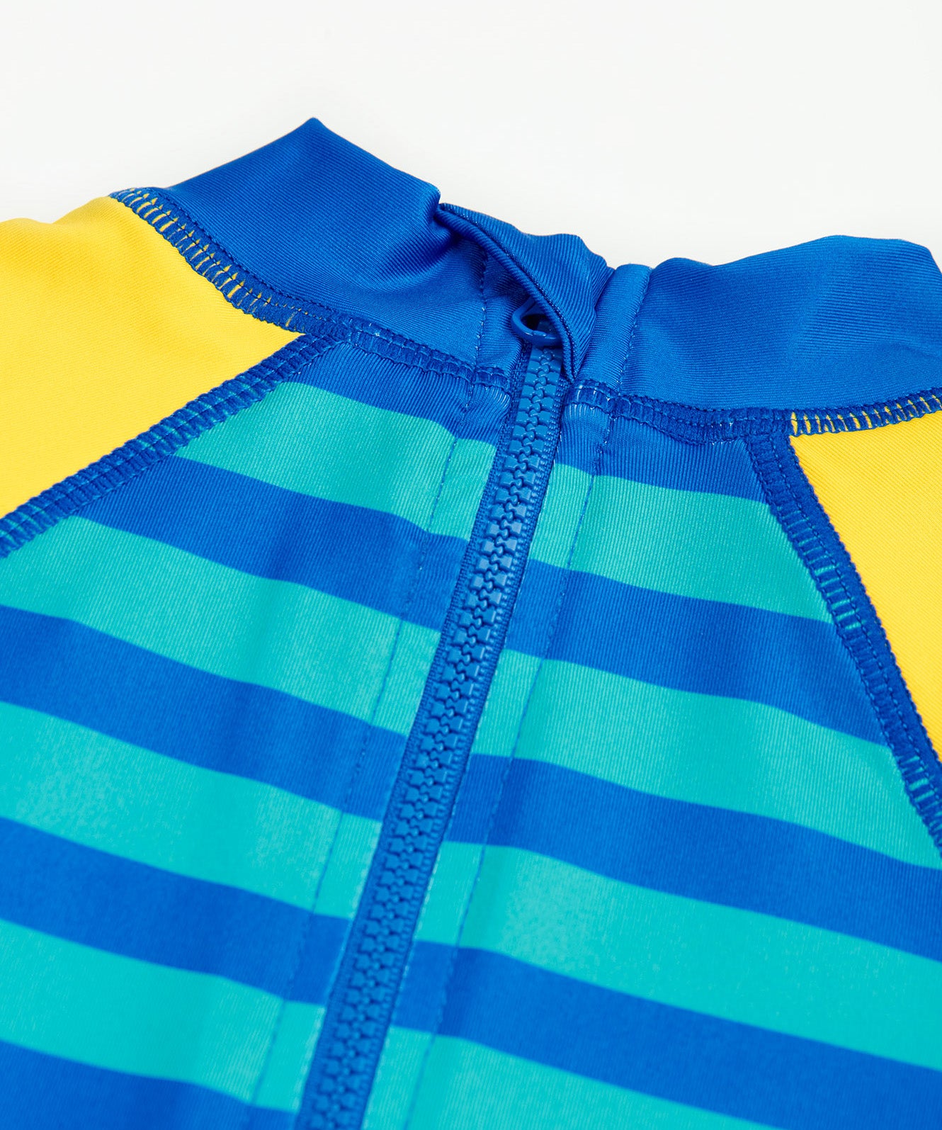 Frugi yellow and stripes little sun safe suit dino back neck detail