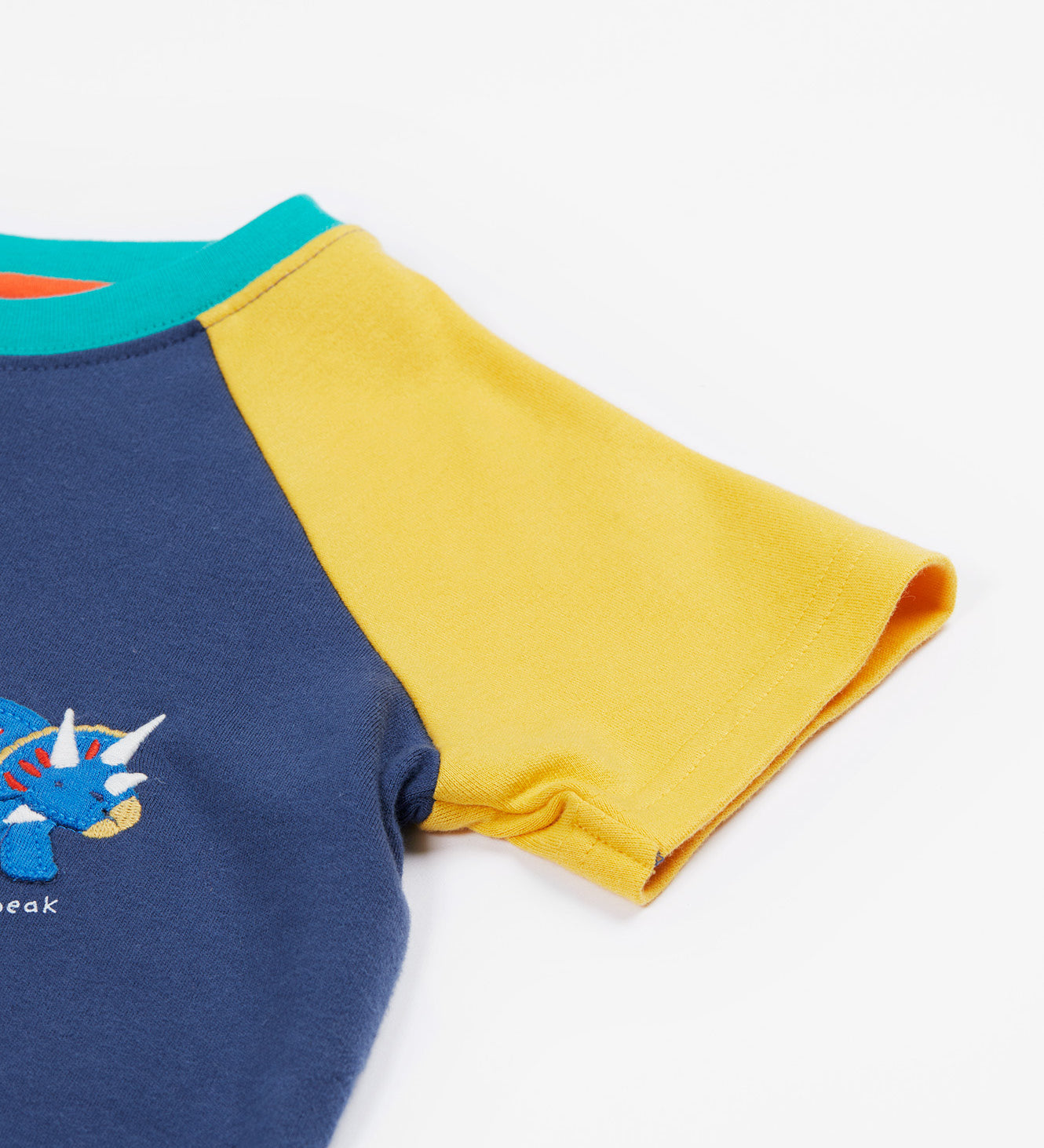 Frugi yellow and navy short sleeve top sleeve detail